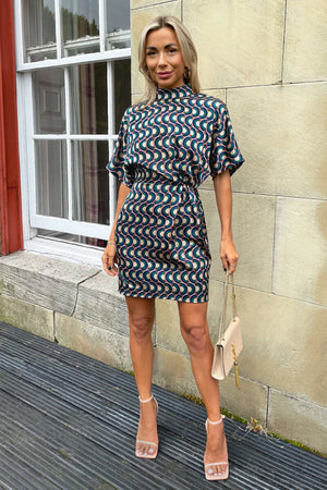 AX PARIS MULTI PRINT HIGH NECK SHORT SLEEVED DRESS