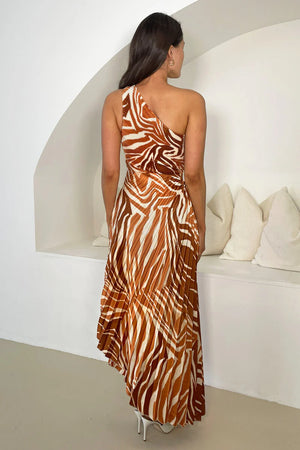 AX PARIS RUST PRINTED ONE SHOULDER PLEATED MIDI DRESS