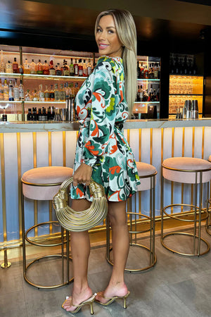 AX PARIS GREEN ABSTRACT PRINT LONG SLEEVE BELTED SKATER MINI DRESS