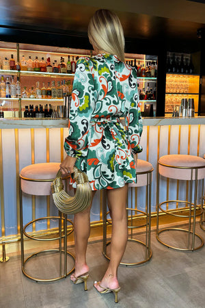 AX PARIS GREEN ABSTRACT PRINT LONG SLEEVE BELTED SKATER MINI DRESS