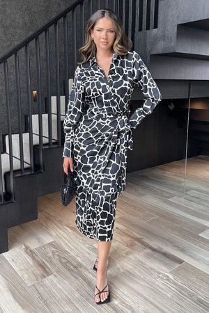 AX PARIS BLACK AND WHITE GIRAFFE PRINT SIDE TIE WAIST WRAP MIDI DRESS