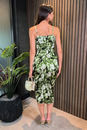 AX PARIS GREEN PRINTED GATHERED SIDE MIDI DRESS