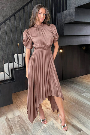 AX PARIS TAUPE HIGH NECK PUFF SLEEVE ZIG ZAG HEM PLEATED MIDI DRESS