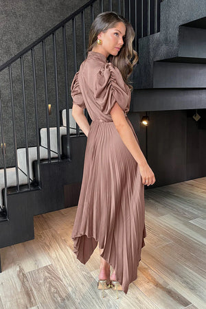 AX PARIS TAUPE HIGH NECK PUFF SLEEVE ZIG ZAG HEM PLEATED MIDI DRESS