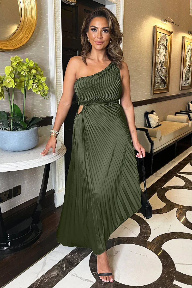 AX PARIS OLIVE ONE SHOULDER PLEATED SATIN MIDI DRESS