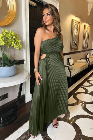 AX PARIS OLIVE ONE SHOULDER PLEATED SATIN MIDI DRESS