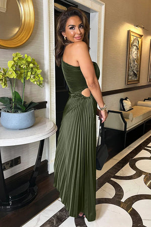 AX PARIS OLIVE ONE SHOULDER PLEATED SATIN MIDI DRESS