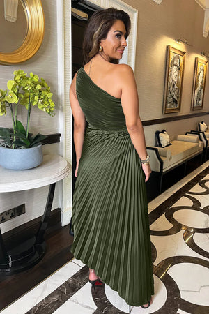 AX PARIS OLIVE ONE SHOULDER PLEATED SATIN MIDI DRESS