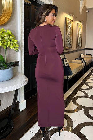 AX PARIS PLUM LONG SLEEVE SASH BODYCON MIDI DRESS