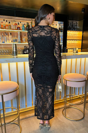 AX PARIS BLACK LACE OVERLAY LONG SLEEVE BODYCON MIDI DRESS