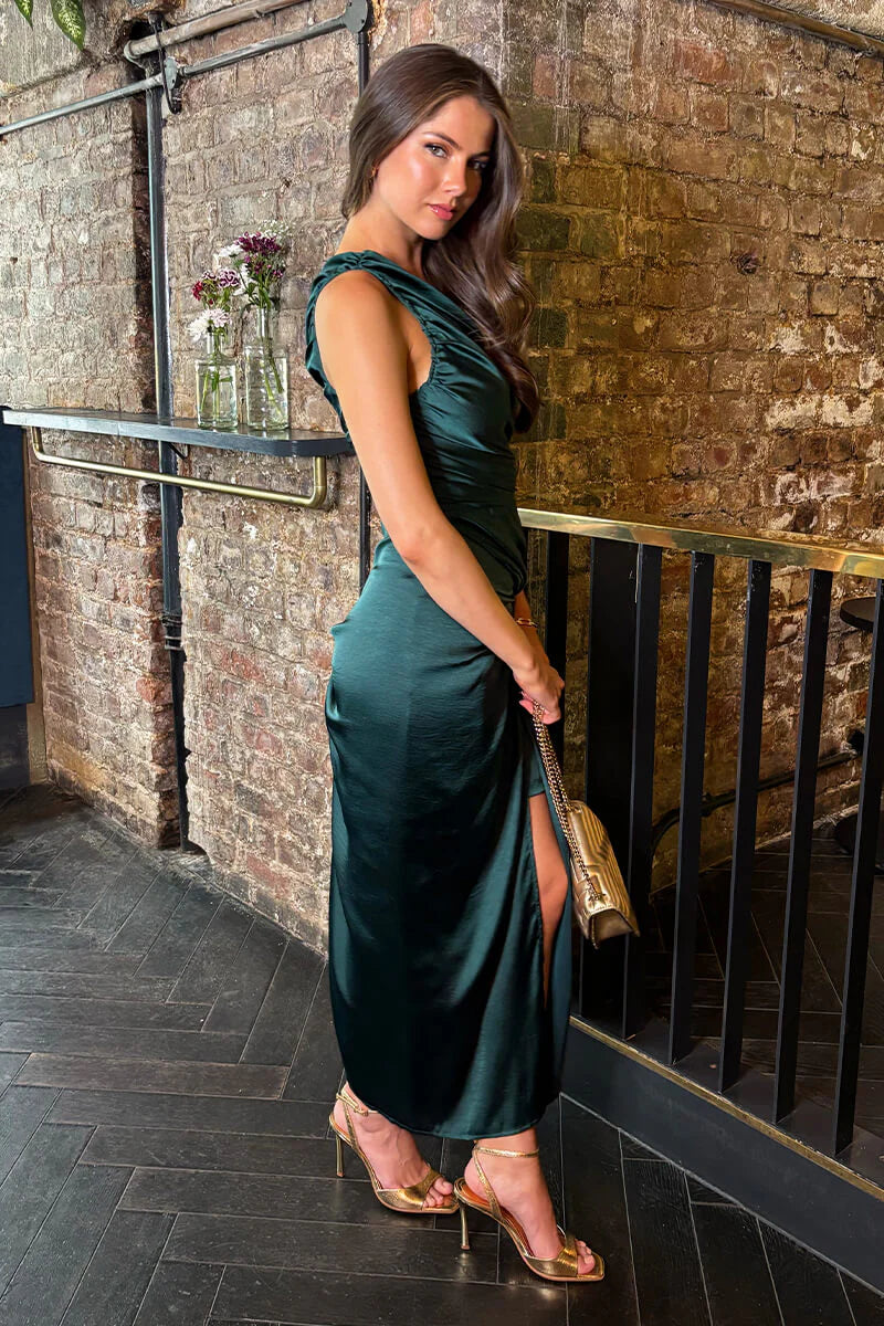 AX PARIS TEAL ONE SHOULDER KNOT SKIRT SATIN MIDI DRESS