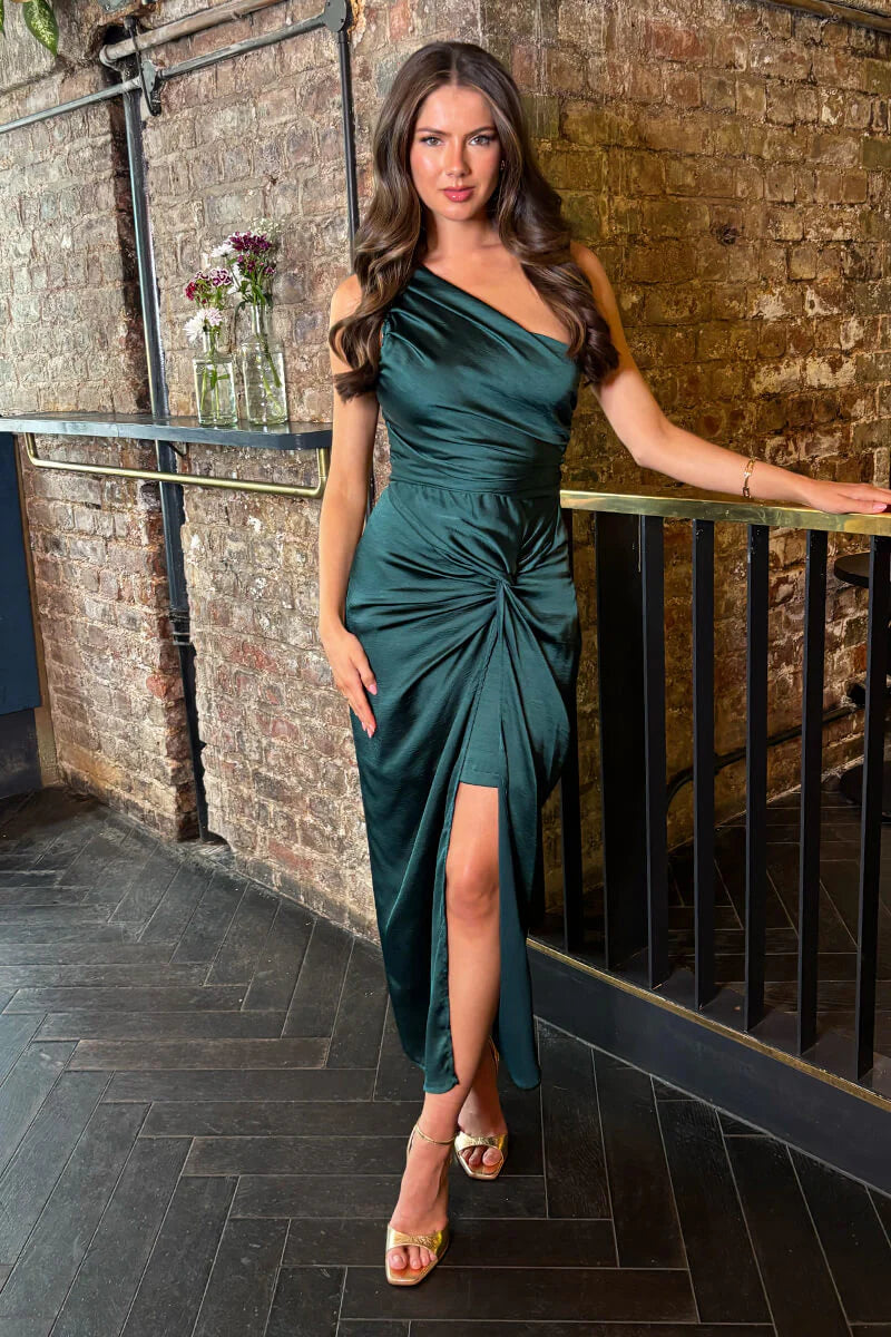 AX PARIS TEAL ONE SHOULDER KNOT SKIRT SATIN MIDI DRESS