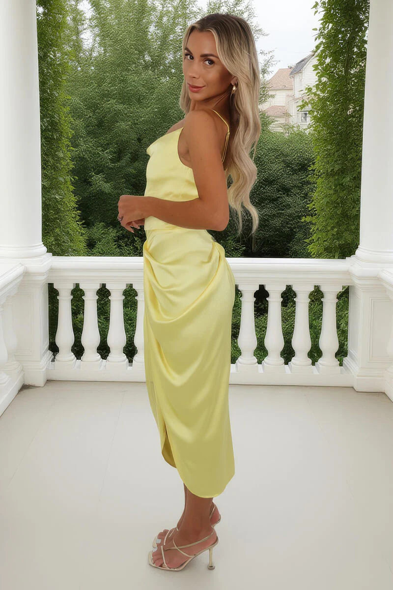 AX PARIS SOFT YELLOW STRAPPY COWL NECK GATHERED MIDI DRESS