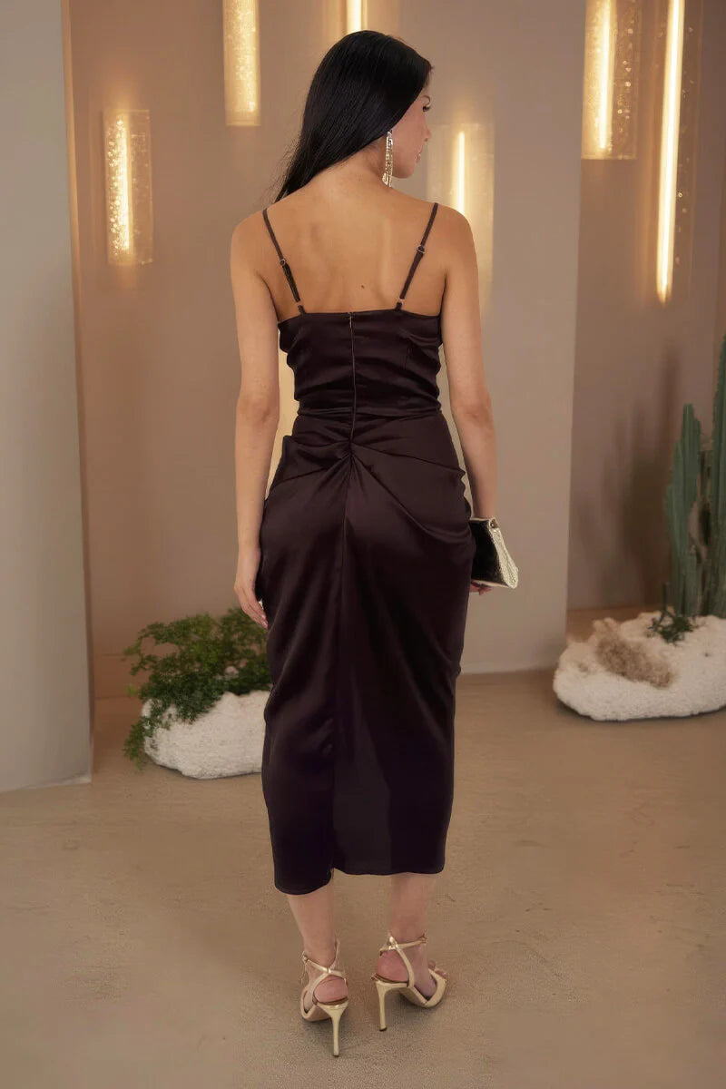 AX PARIS CHOCOLATE SATIN STRAPPY COWL NECK GATHERED SKIRT MIDI DRESS