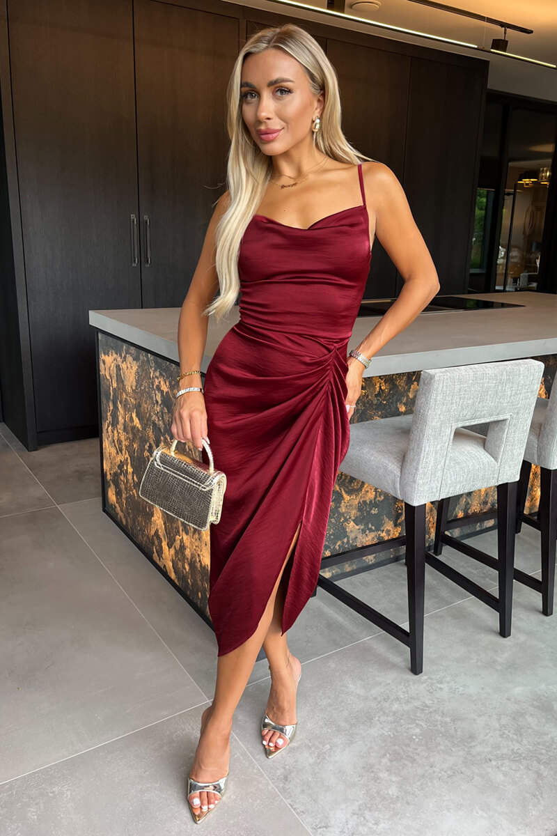 AX PARIS WINE SATIN STRAPPY COWL NECK GATHERED SKIRT MIDI DRESS