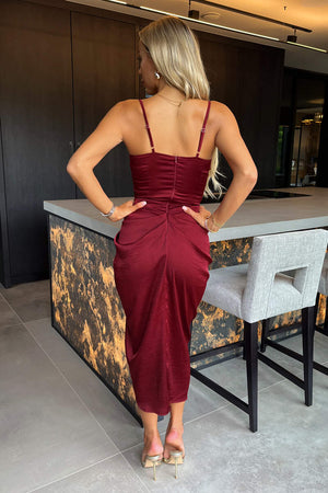 AX PARIS WINE SATIN STRAPPY COWL NECK GATHERED SKIRT MIDI DRESS