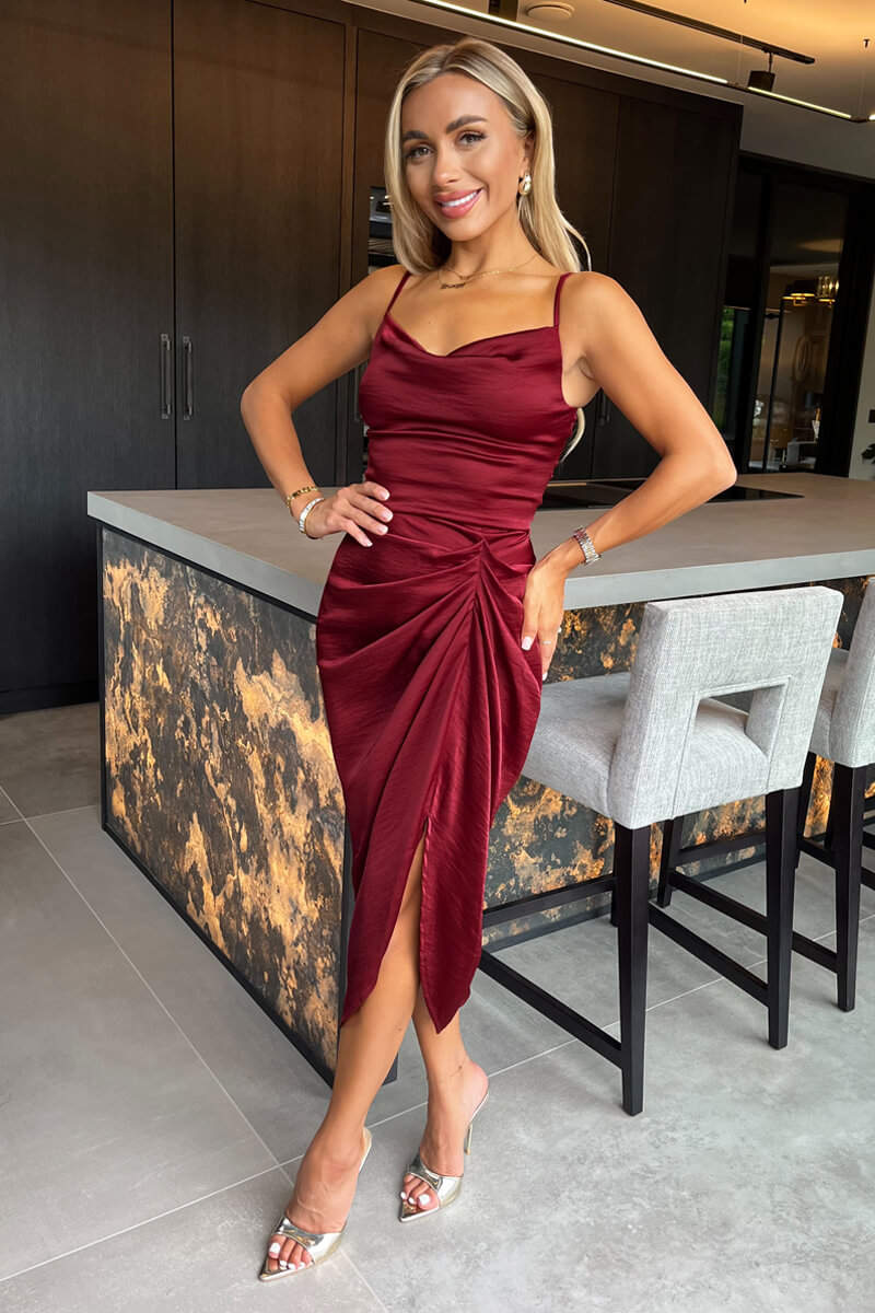 AX PARIS WINE SATIN STRAPPY COWL NECK GATHERED SKIRT MIDI DRESS