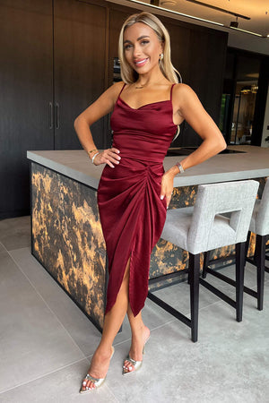 AX PARIS WINE SATIN STRAPPY COWL NECK GATHERED SKIRT MIDI DRESS