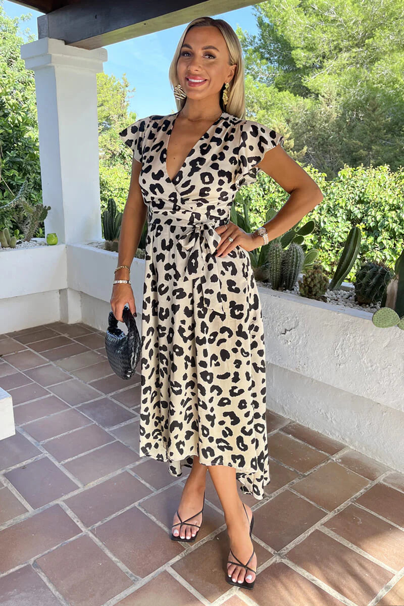 AX PARIS BLACK AND CREAM LEOPARD PRINT SHORT SLEEVE BELTED WRAP MIDI DRESS