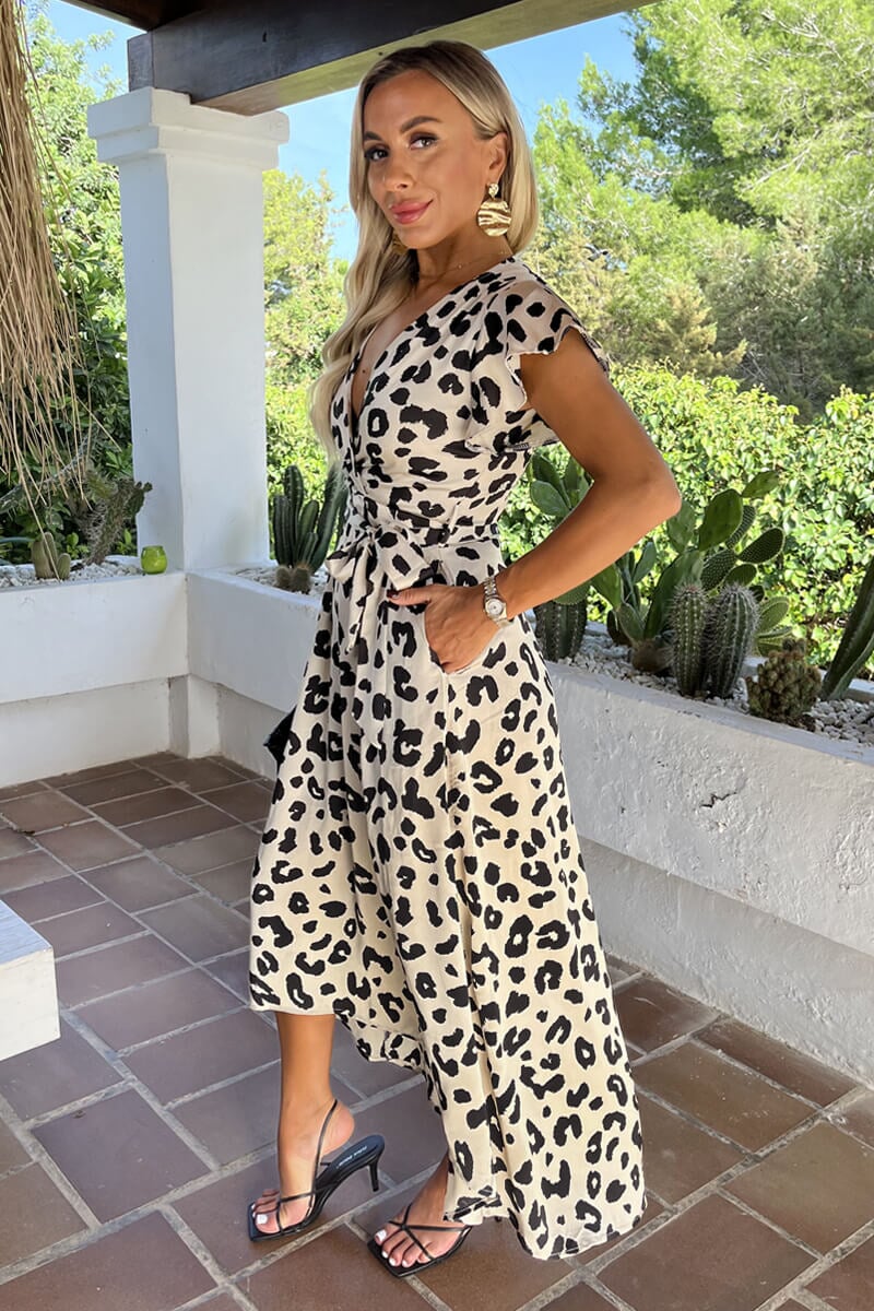 AX PARIS BLACK AND CREAM LEOPARD PRINT SHORT SLEEVE BELTED WRAP MIDI DRESS