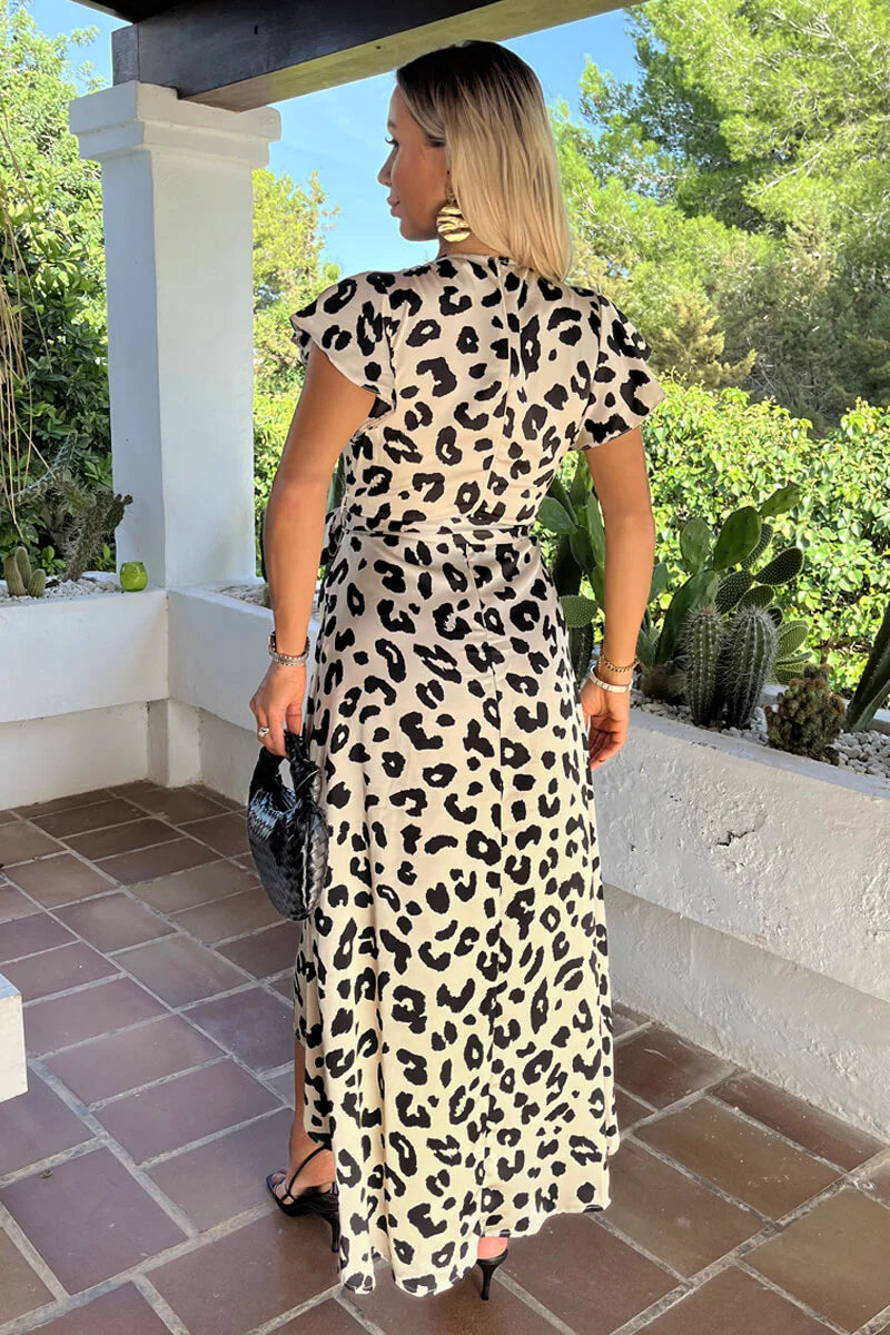 AX PARIS BLACK AND CREAM LEOPARD PRINT SHORT SLEEVE BELTED WRAP MIDI DRESS