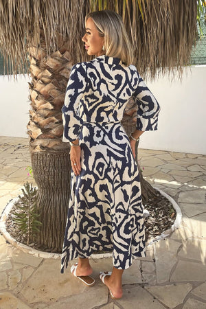 AX PARIS NAVY AND CREAM ABSTRACT PRINT 3/4 SLEEVE TIE WAIST WRAP SHIRT MIDI DRESS