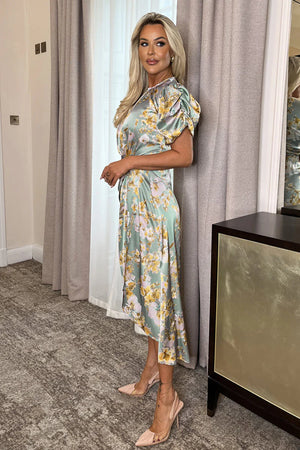 AX PARIS DUCK EGG FLORAL PRINT PUFF SLEEVE GATHERED SIDE MIDI DRESS