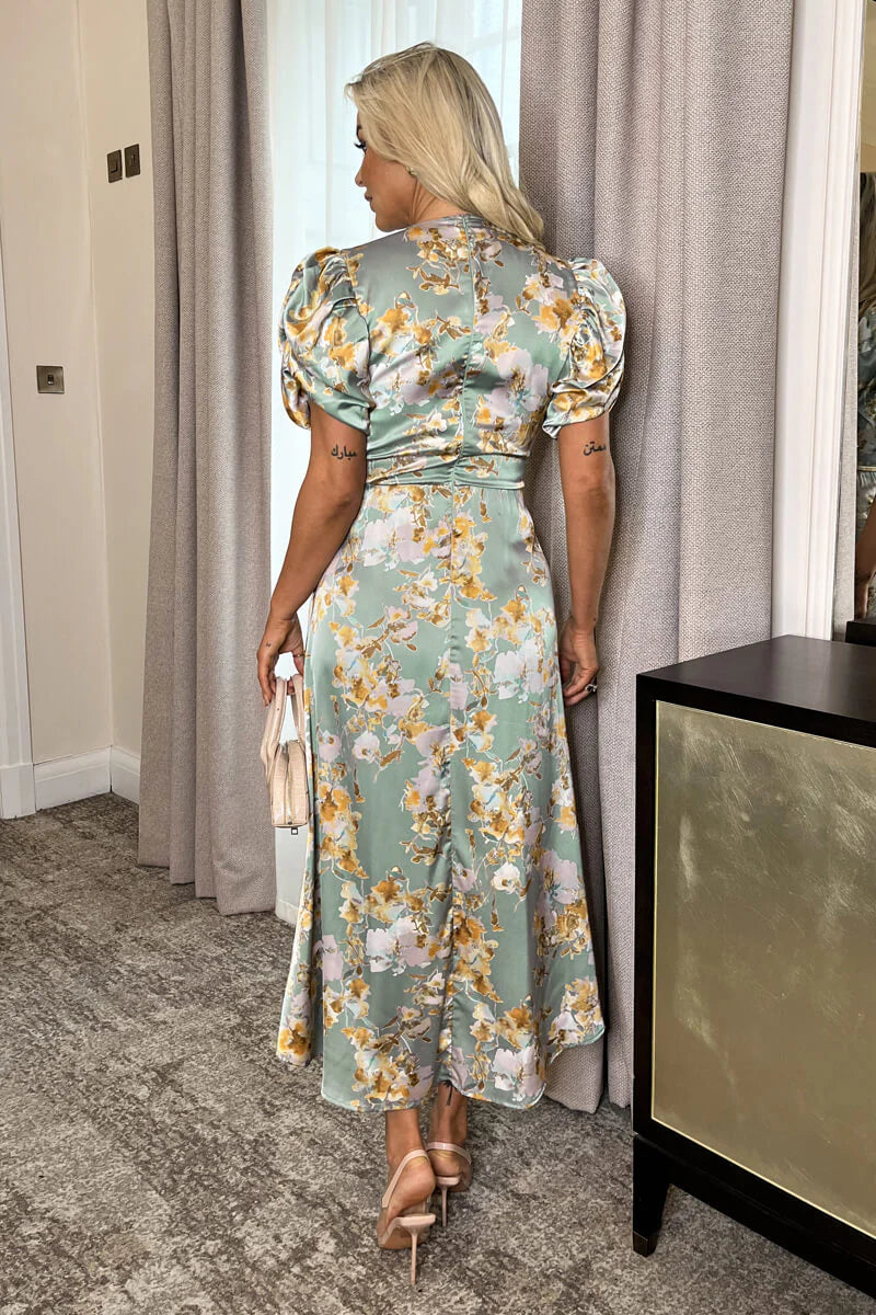 AX PARIS DUCK EGG FLORAL PRINT PUFF SLEEVE GATHERED SIDE MIDI DRESS