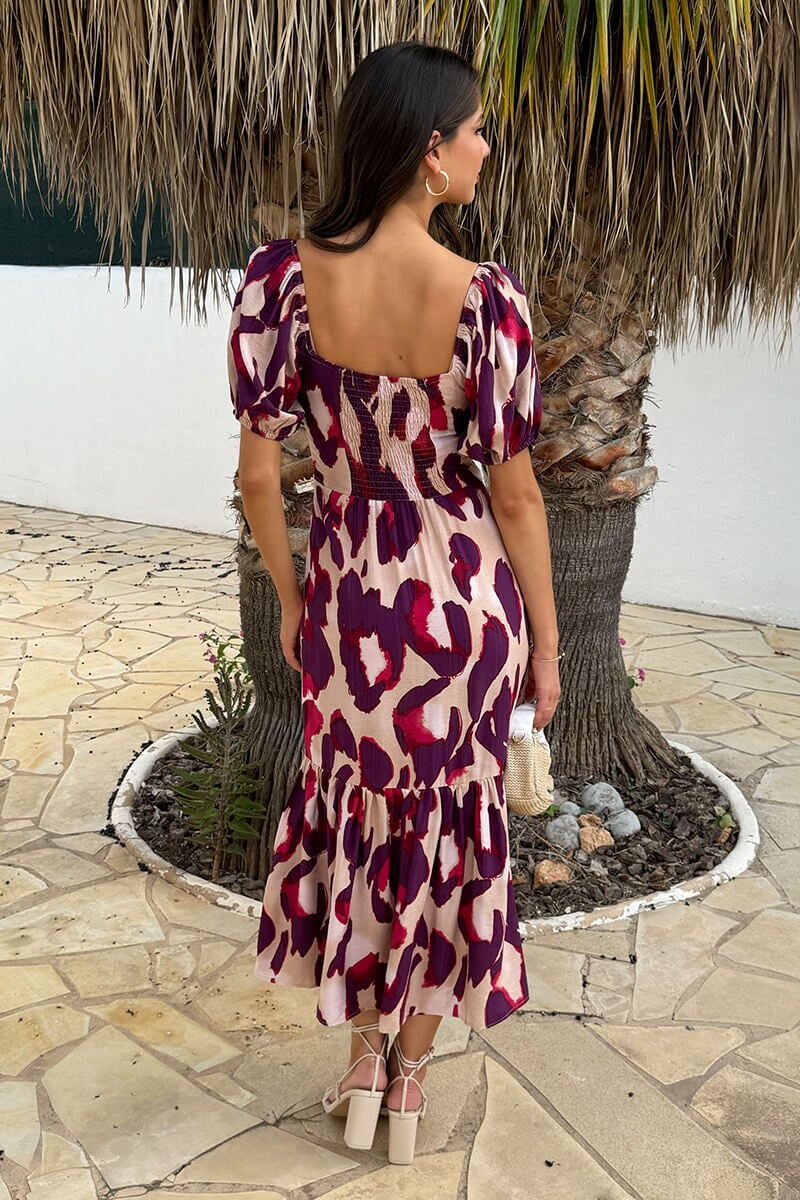 AX PARIS PURPLE AND CREAM ANIMAL PRINT PUFF SLEEVE SMOCK MIDI DRESS