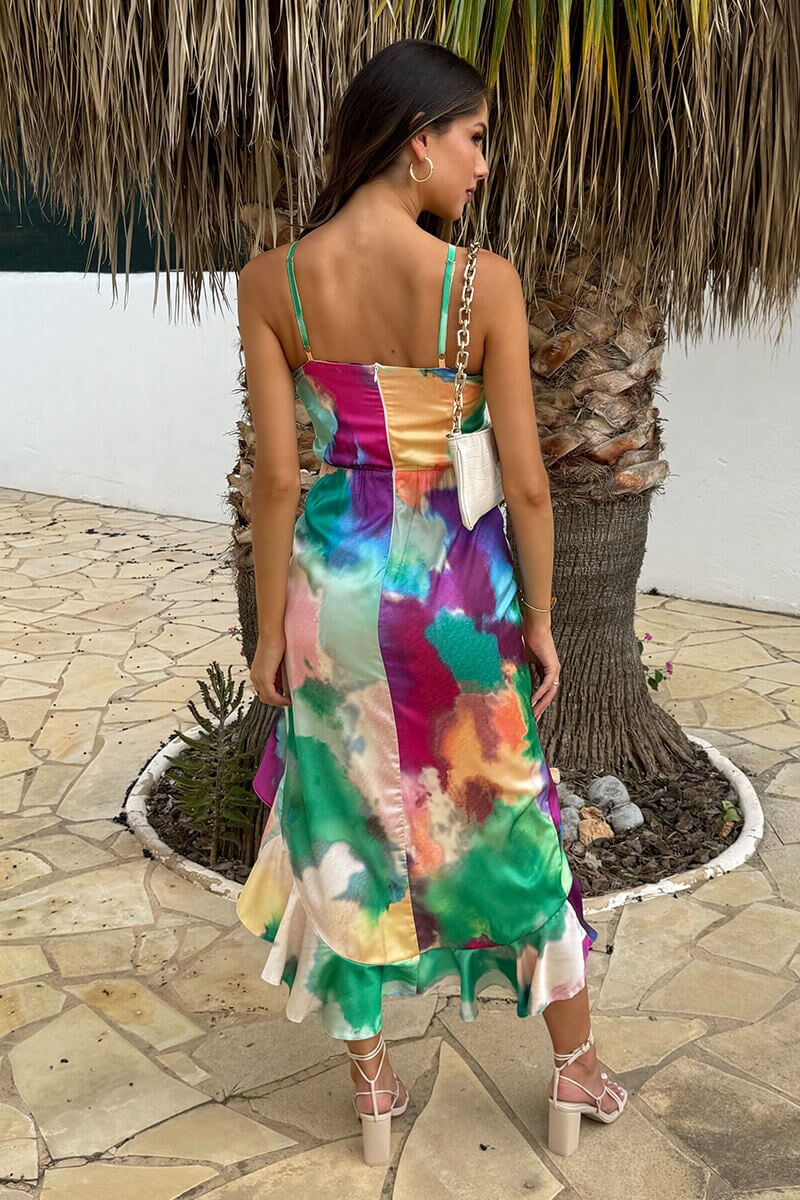 AX PARIS MULTI WATERCOLOUR PRINT RACER NECK HIGH LOW FRILL HEM MIDI DRESS