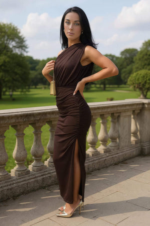 AX PARIS CHOCOLATE OFF THE SHOULDER DRAPED TOP MIDI DRESS