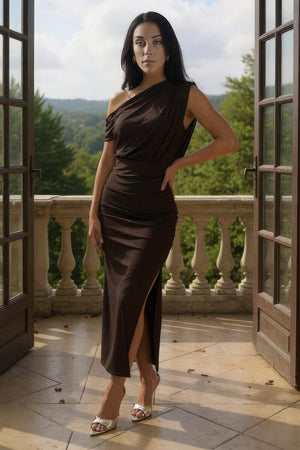 AX PARIS CHOCOLATE OFF THE SHOULDER DRAPED TOP MIDI DRESS