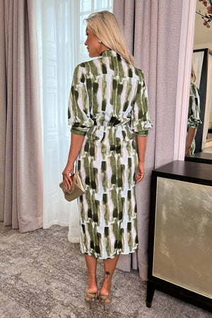 AX PARIS KHAKI BRUSH STROKE PRINT 3/4 SLEEVE TIE WAIST WRAP SHIRT MIDI DRESS