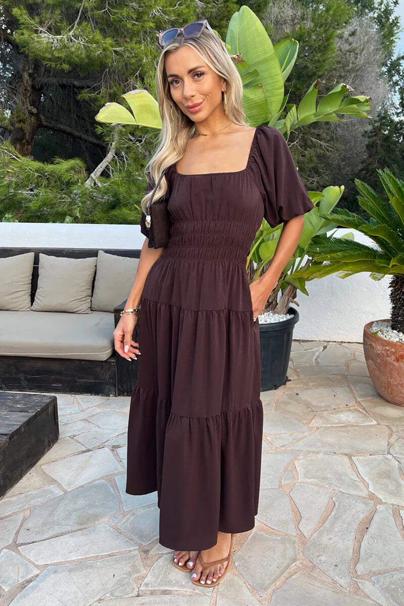 puff sleeve smock midi dress White Smocked Puff Sleeve Maternity Midi Dress PinkBlush