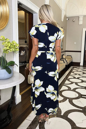 AX PARIS NAVY FLORAL PRINT SHORT SLEEVE BELTED WRAP MIDI DRESS