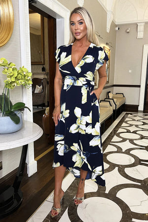 AX PARIS NAVY FLORAL PRINT SHORT SLEEVE BELTED WRAP MIDI DRESS