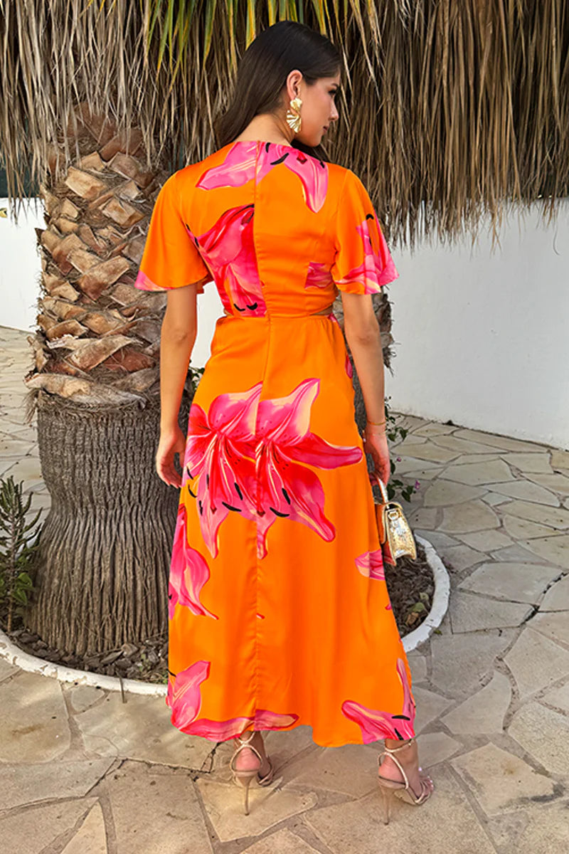 AX PARIS ORANGE AND PINK FLORAL PRINT V NECK CUT OUT KNOT DETAIL MIDI DRESS
