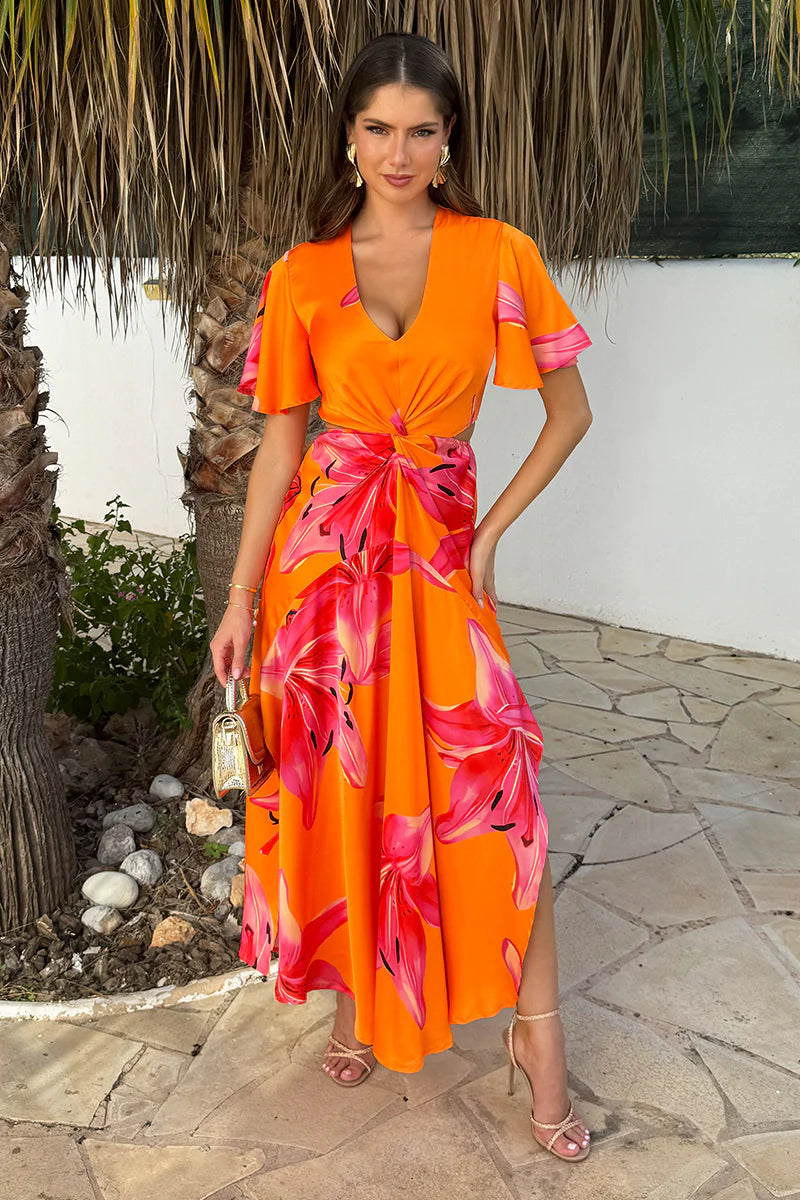 AX PARIS ORANGE AND PINK FLORAL PRINT V NECK CUT OUT KNOT DETAIL MIDI DRESS