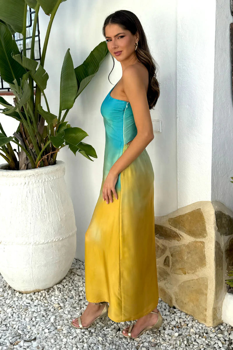 AX PARIS MULTI SUNSET OMBRE ONE SHOULDER OPEN BACK TWIST DETAIL MIDI DRESS