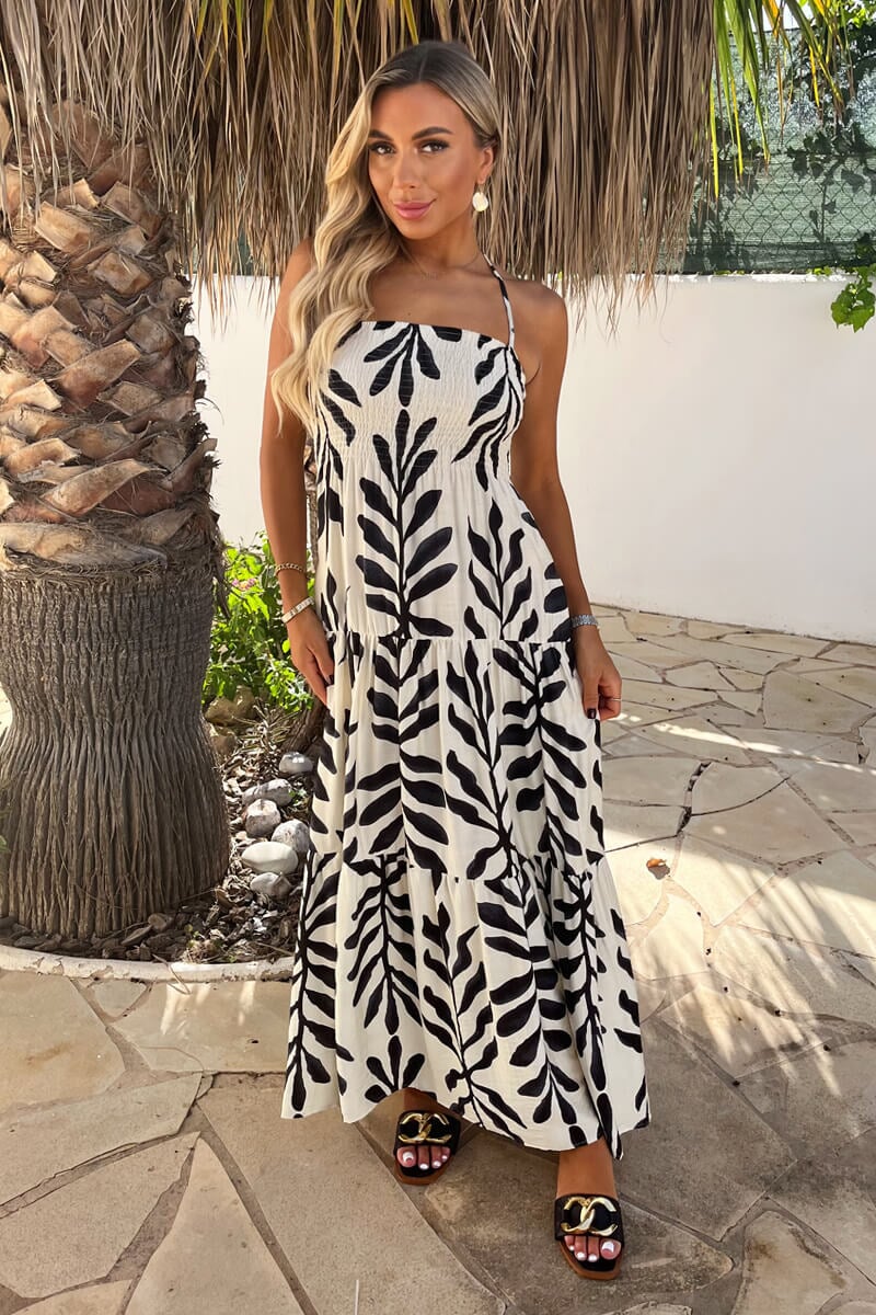 AX PARIS BLACK AND WHITE LEAF PRINT TIE NECK SHIRRED TOP SMOCK MIDI DRESS