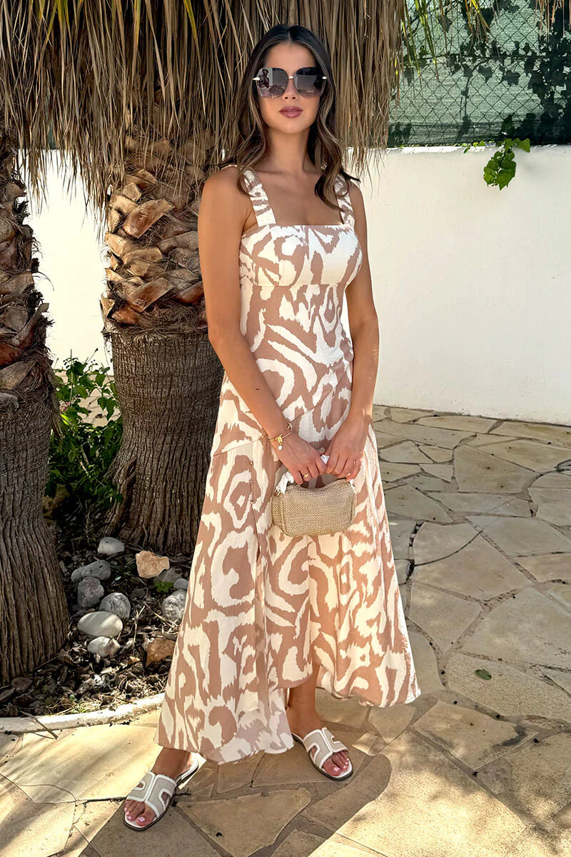 AX PARIS STONE AND CREAM ABSTRACT PRINT SHIRRED STRAPS BUTTON DETAIL MIDI DRESS