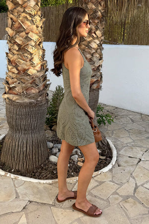 AX PARIS KHAKI BRODERIE RACER NECK SLIP MINI DRESS