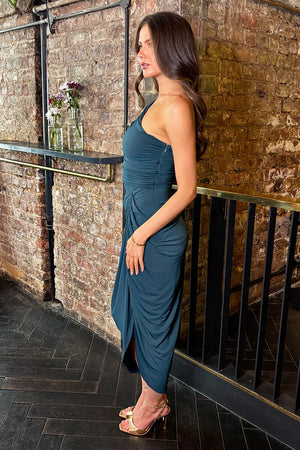 AX PARIS DARK TEAL ONE SHOULDER GATHERED SKIRT MIDI DRESS