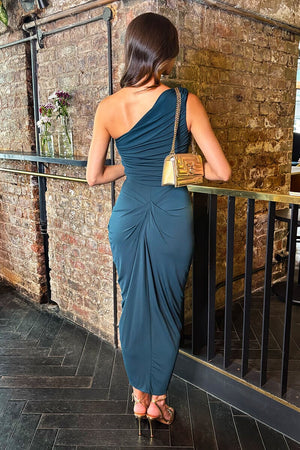 AX PARIS DARK TEAL ONE SHOULDER GATHERED SKIRT MIDI DRESS