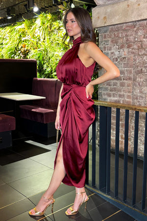 AX PARIS WINE HALTER NECK GATHERED SKIRT MIDI DRESS