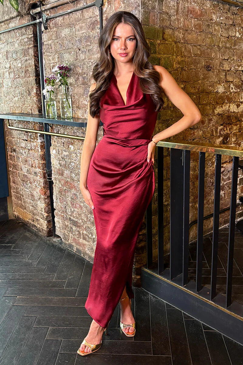 AX PARIS WINE SATIN COWL NECK CROSS BACK MIDI DRESS