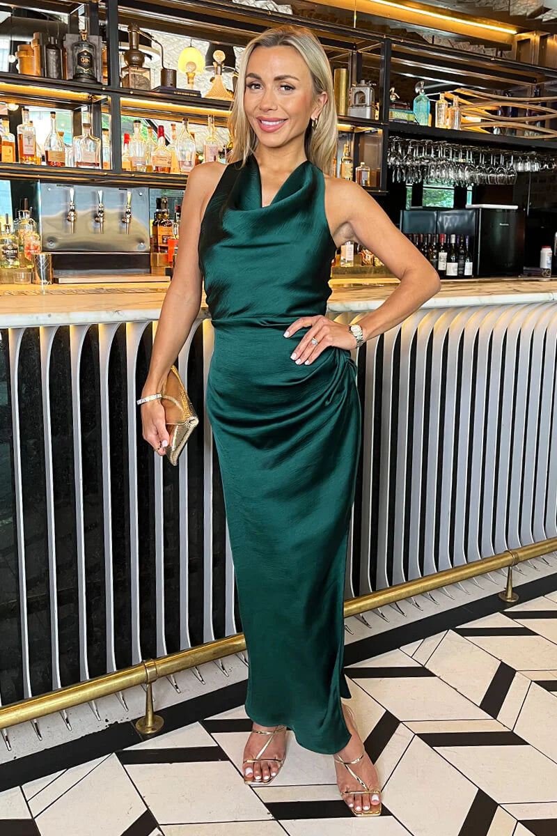 AX PARIS TEAL SATIN COWL NECK CROSS BACK MIDI DRESS