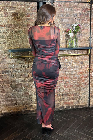 AX PARIS PLUM AND BLACK SMUDGE PRINT MESH OVERLAY LONG SLEEVE MIDI DRESS