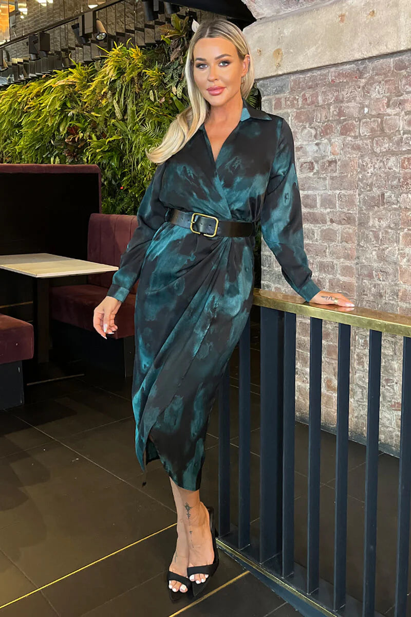 AX PARIS TEAL AND BLACK SMUDGE PRINT BELTED WRAP MIDI SHIRT DRESS