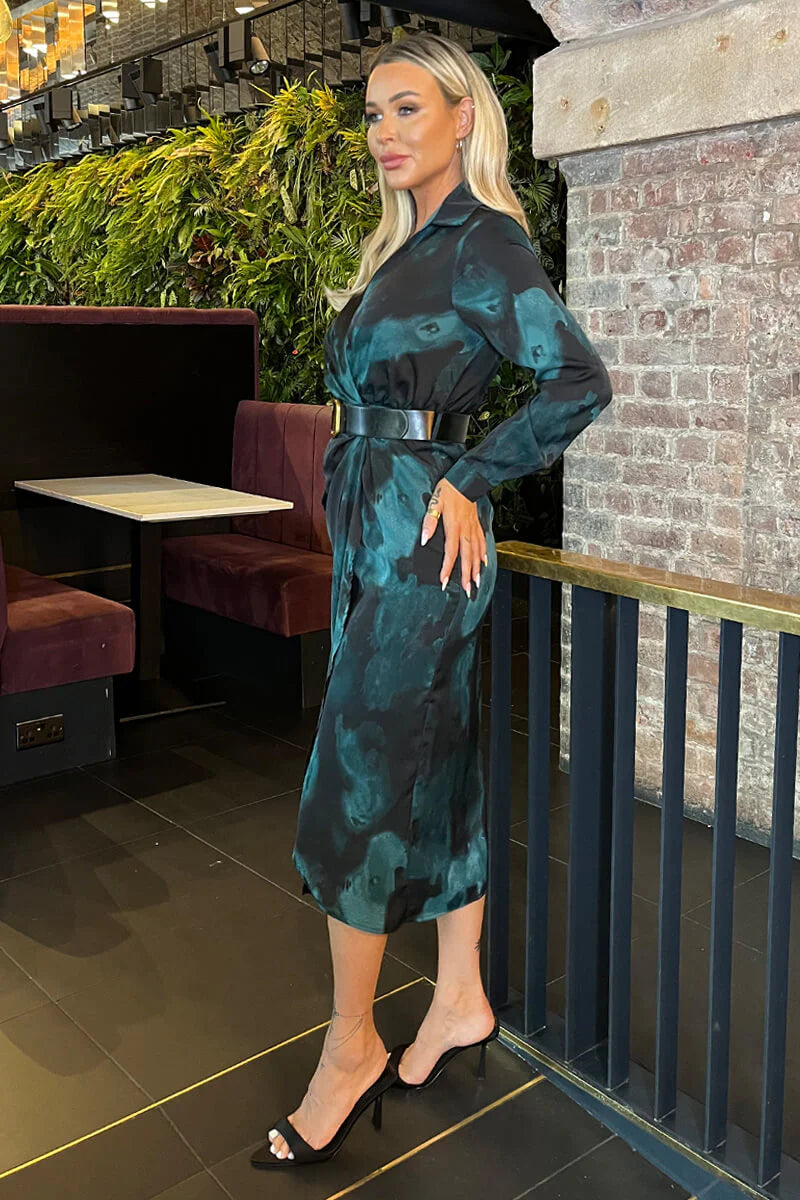 AX PARIS TEAL AND BLACK SMUDGE PRINT BELTED WRAP MIDI SHIRT DRESS